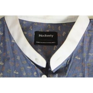 Hockerty Mens Custom Tailored Leaf Print Band Collar Shirt Blue Contrast XL